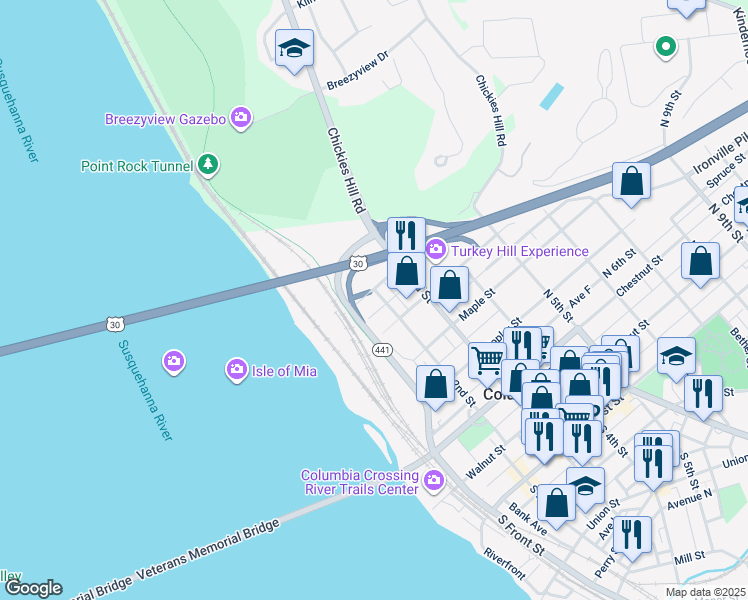 map of restaurants, bars, coffee shops, grocery stores, and more near 544 North 2nd Street in Columbia