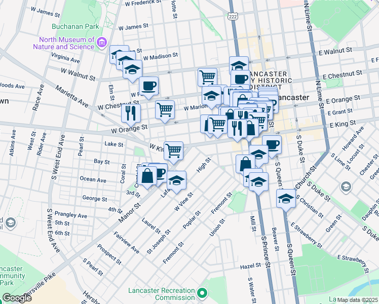 map of restaurants, bars, coffee shops, grocery stores, and more near 416 Manor Street in Lancaster