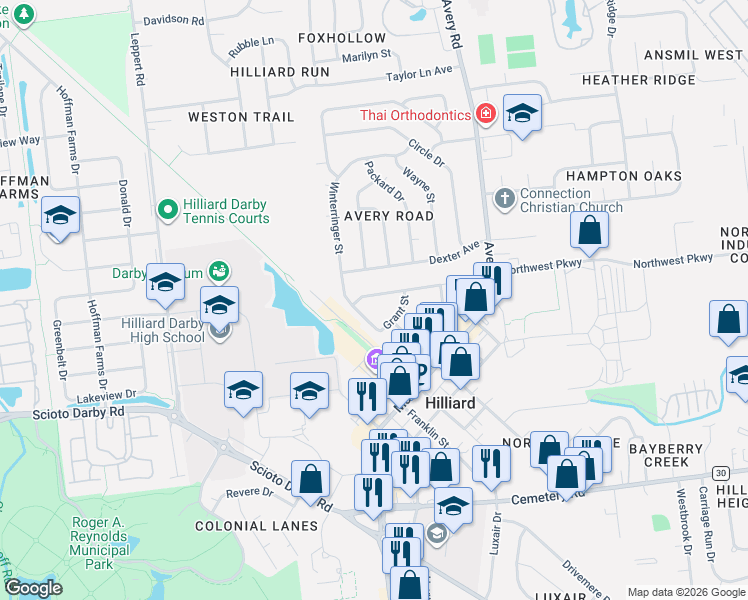 map of restaurants, bars, coffee shops, grocery stores, and more near 5377 Morning Drive in Hilliard