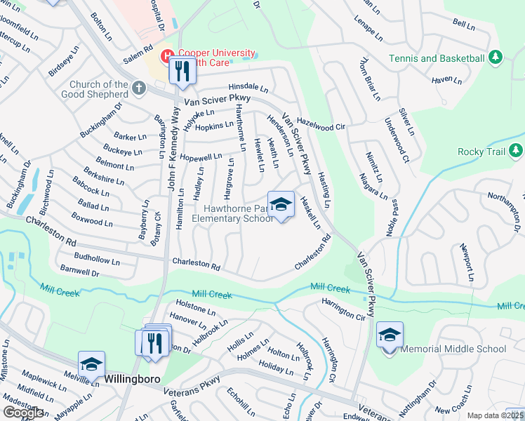 map of restaurants, bars, coffee shops, grocery stores, and more near 85 Hampshire Lane in Willingboro