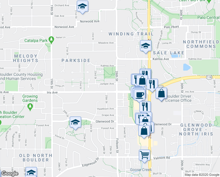 map of restaurants, bars, coffee shops, grocery stores, and more near in Boulder