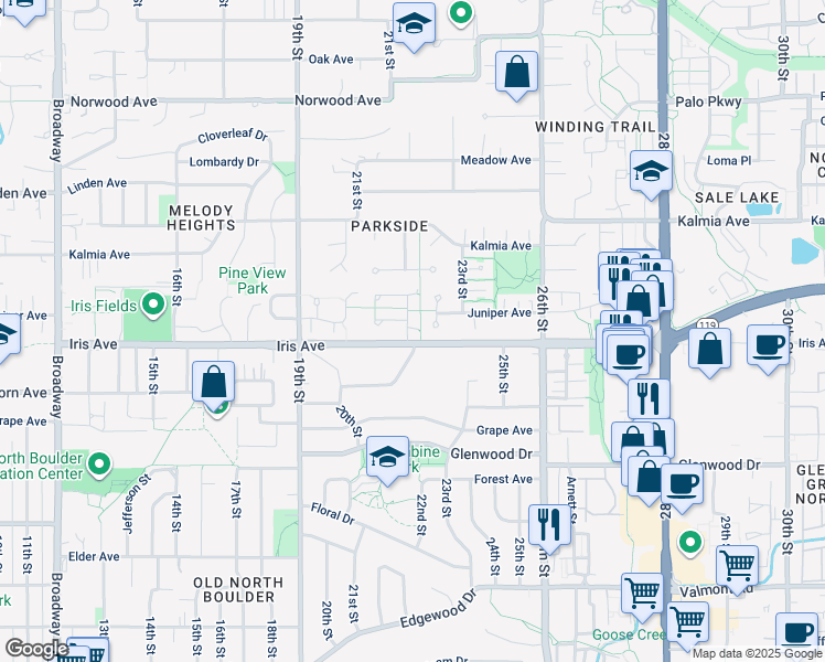 map of restaurants, bars, coffee shops, grocery stores, and more near in Boulder