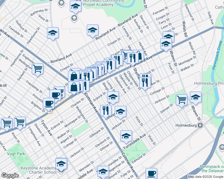 map of restaurants, bars, coffee shops, grocery stores, and more near 4233 Loring Street in Philadelphia