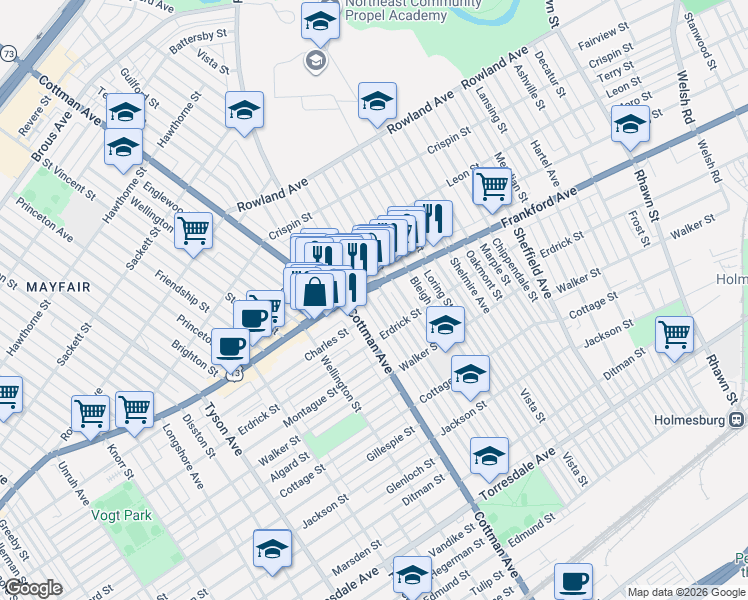 map of restaurants, bars, coffee shops, grocery stores, and more near 4033 Teesdale Street in Philadelphia
