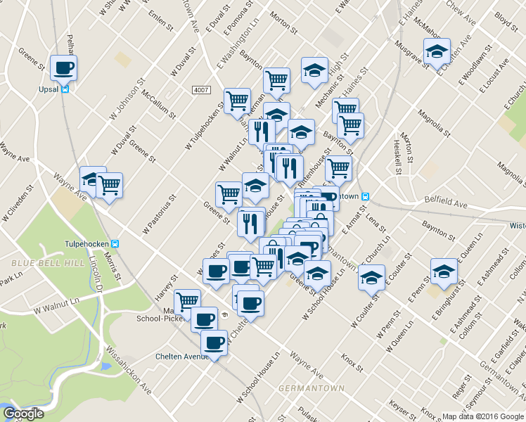 map of restaurants, bars, coffee shops, grocery stores, and more near 5911 McCallum Street in Philadelphia