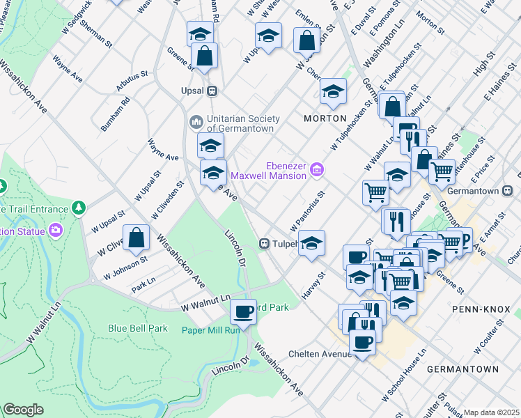 map of restaurants, bars, coffee shops, grocery stores, and more near 6222 Wayne Avenue in Philadelphia