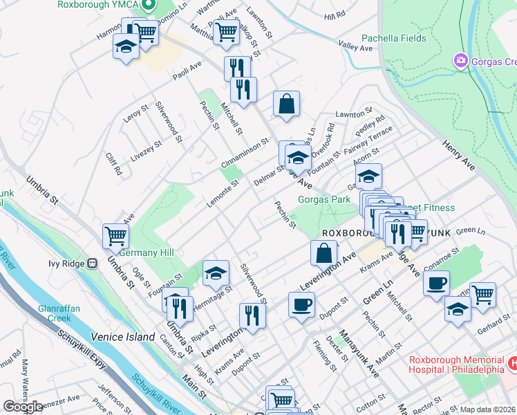 map of restaurants, bars, coffee shops, grocery stores, and more near 364 Fairway Terrace in Philadelphia