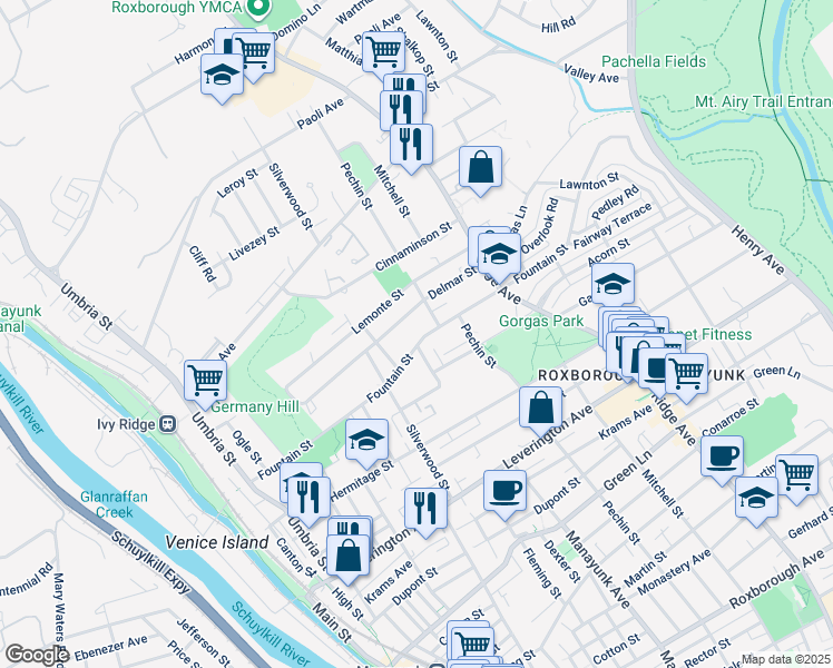 map of restaurants, bars, coffee shops, grocery stores, and more near 304 Fountain Street in Philadelphia