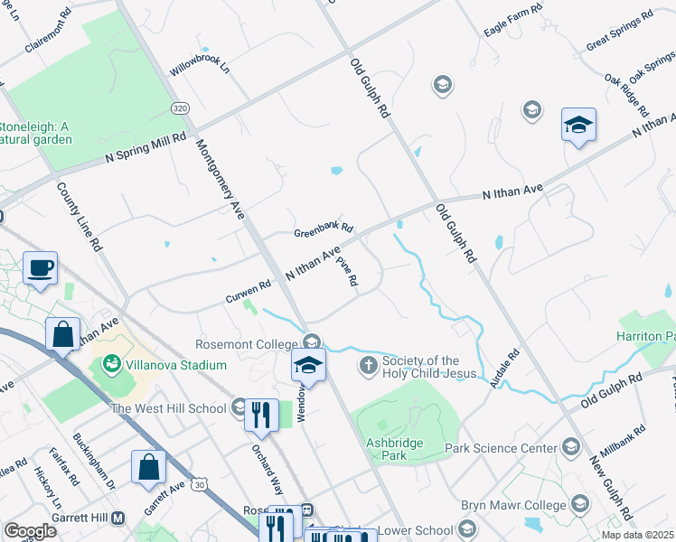 map of restaurants, bars, coffee shops, grocery stores, and more near 1314 Pine Road in Bryn Mawr