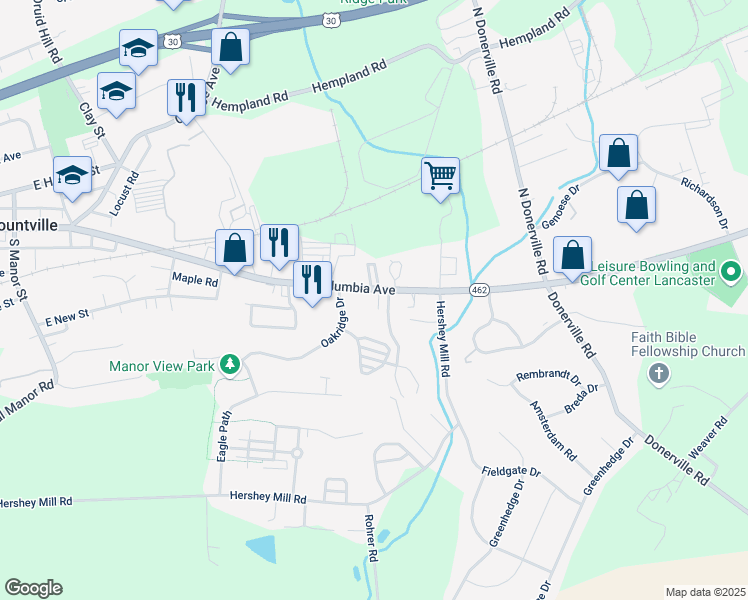 map of restaurants, bars, coffee shops, grocery stores, and more near 3902 Columbia Avenue in Mountville