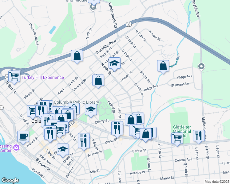 map of restaurants, bars, coffee shops, grocery stores, and more near 31 South 8th Street in Columbia