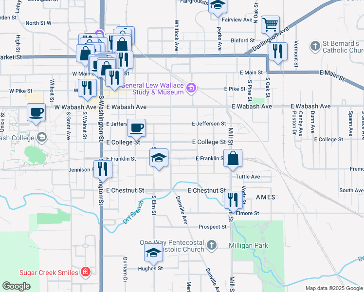 map of restaurants, bars, coffee shops, grocery stores, and more near 506 Wallace Avenue in Crawfordsville