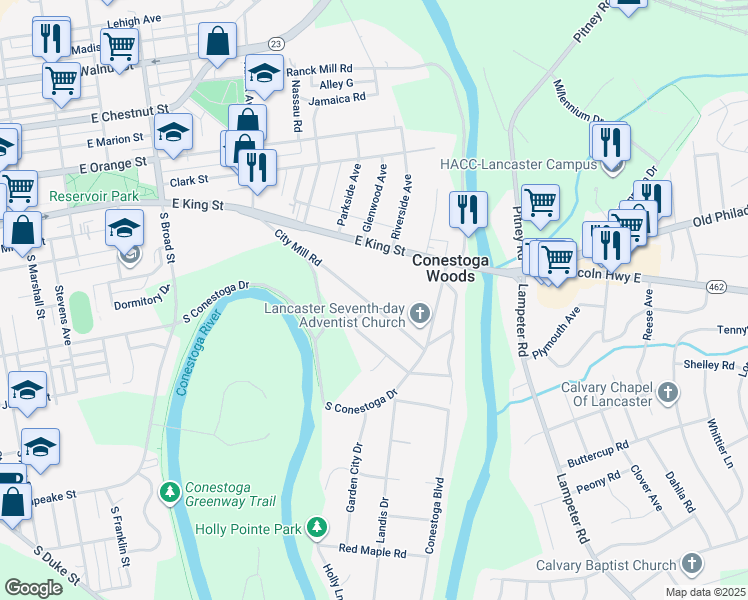 map of restaurants, bars, coffee shops, grocery stores, and more near 129 City Mill Road in Lancaster