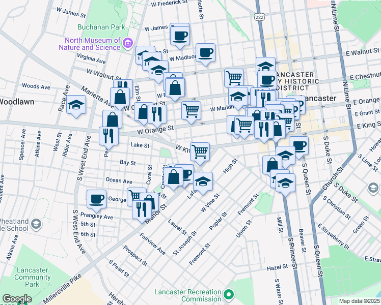 map of restaurants, bars, coffee shops, grocery stores, and more near 506 West King Street in Lancaster
