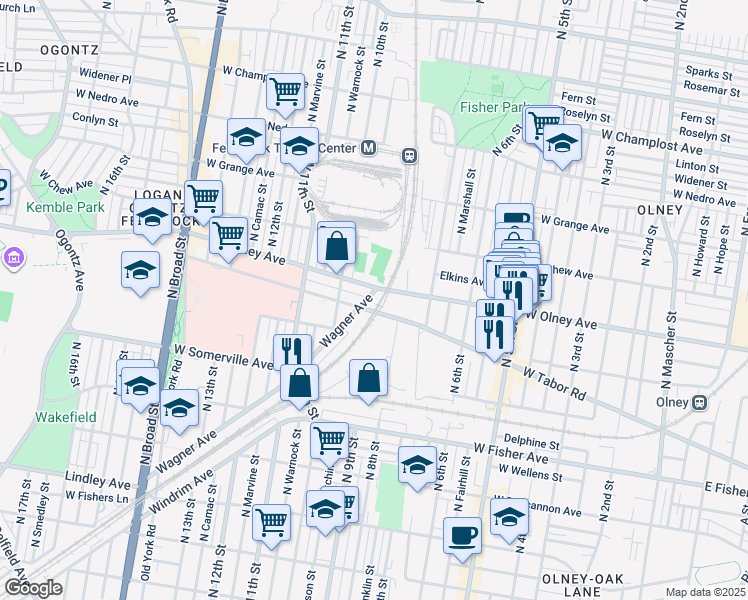 map of restaurants, bars, coffee shops, grocery stores, and more near 800 West Olney Avenue in Philadelphia
