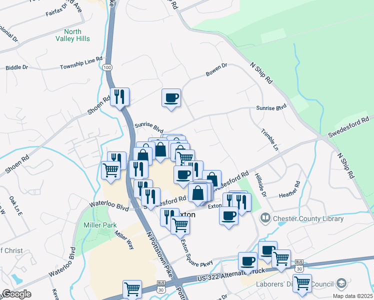map of restaurants, bars, coffee shops, grocery stores, and more near 316 Exton Cmns in Exton