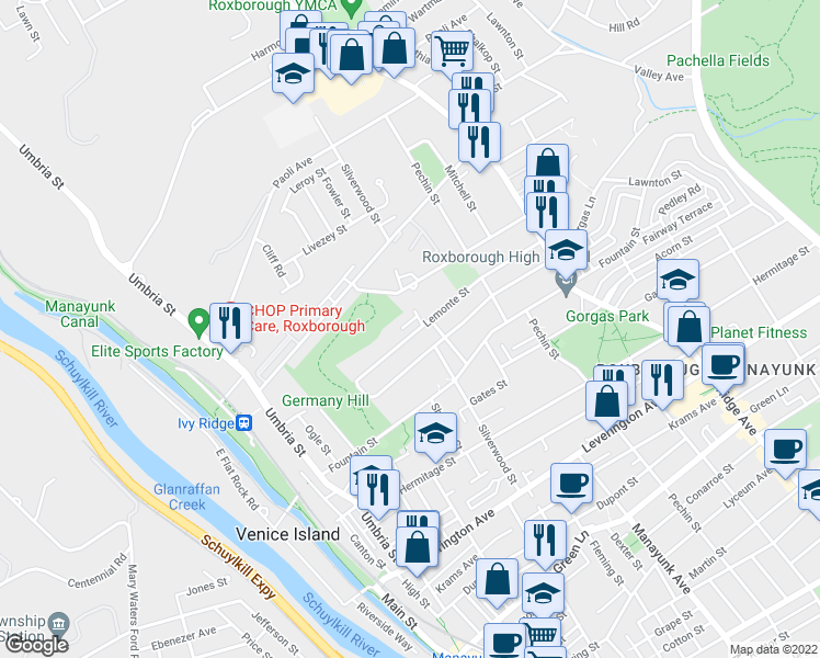 map of restaurants, bars, coffee shops, grocery stores, and more near 214 Overlook Road in Philadelphia