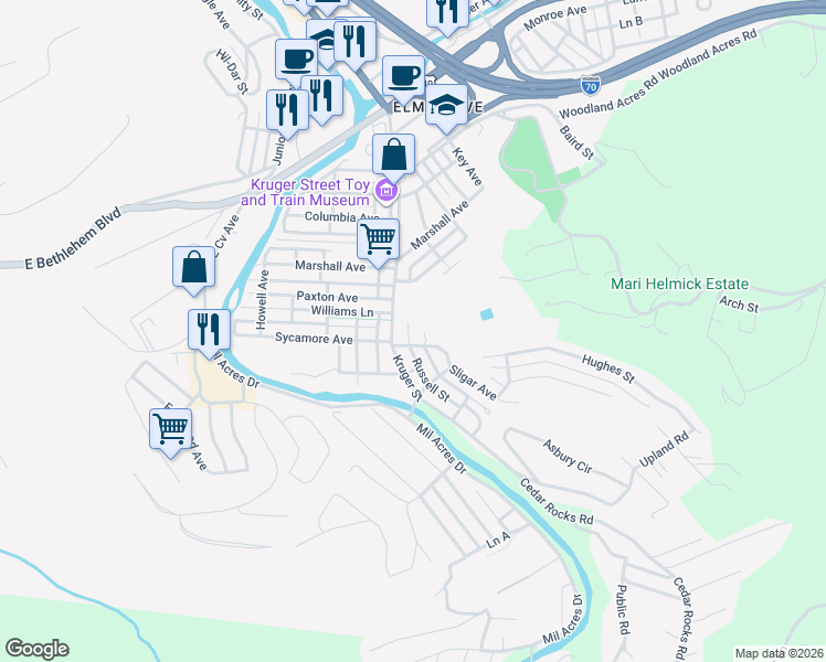 map of restaurants, bars, coffee shops, grocery stores, and more near 249 Kruger St in Wheeling