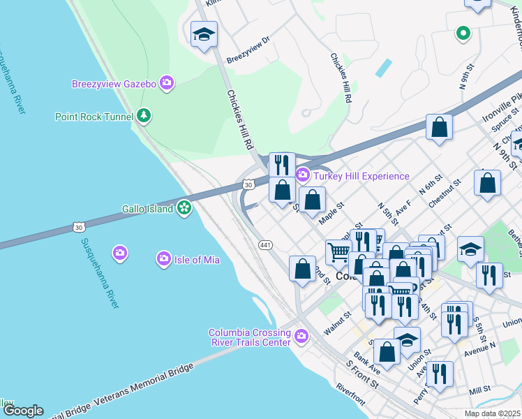 map of restaurants, bars, coffee shops, grocery stores, and more near 544 North 2nd Street in Columbia