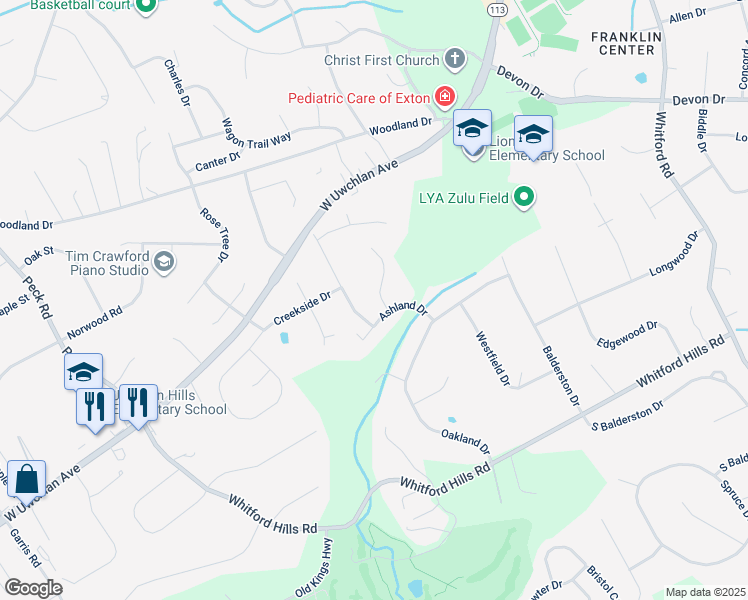 map of restaurants, bars, coffee shops, grocery stores, and more near 20 Karrens Way in Downingtown