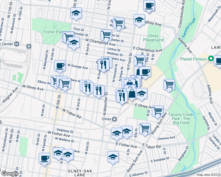 map of restaurants, bars, coffee shops, grocery stores, and more near 166 West Chew Avenue in Philadelphia