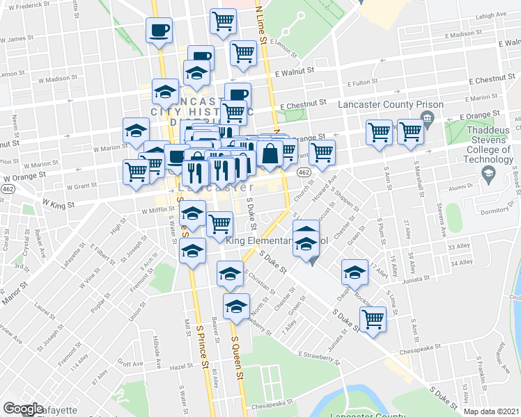 map of restaurants, bars, coffee shops, grocery stores, and more near 111 East Vine Street in Lancaster