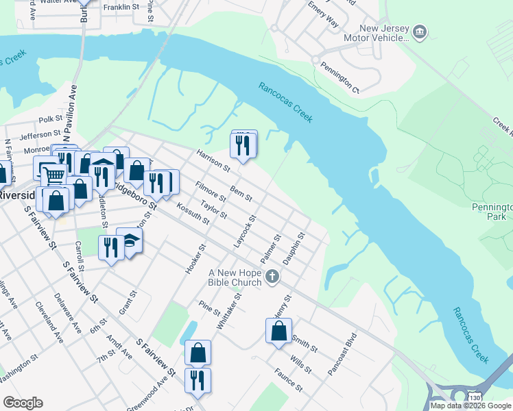 map of restaurants, bars, coffee shops, grocery stores, and more near 401 Laycock Street in Riverside