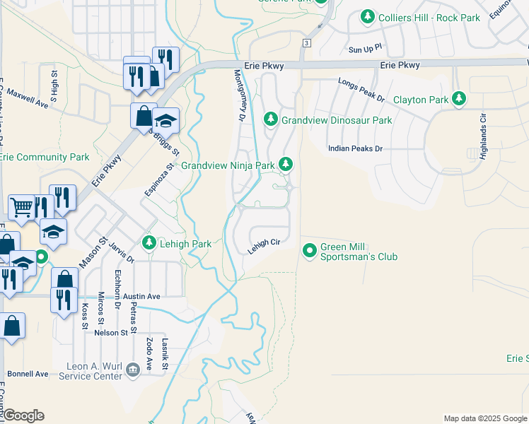 map of restaurants, bars, coffee shops, grocery stores, and more near 455 Bonanza Drive in Erie