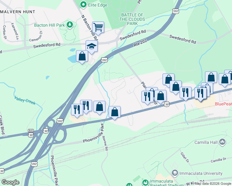 map of restaurants, bars, coffee shops, grocery stores, and more near 166 Mulberry drive in Malvern