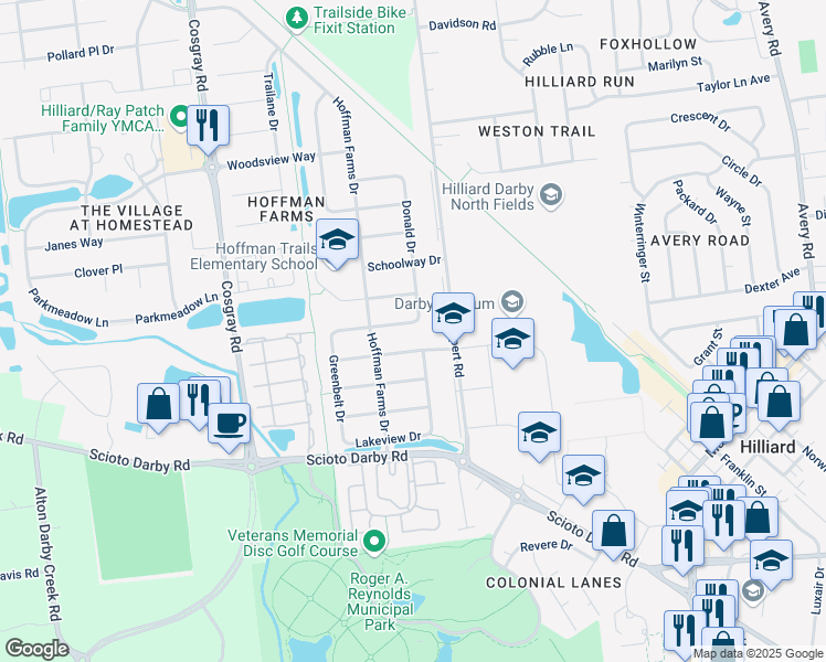 map of restaurants, bars, coffee shops, grocery stores, and more near 5762 Laura Lane in Hilliard