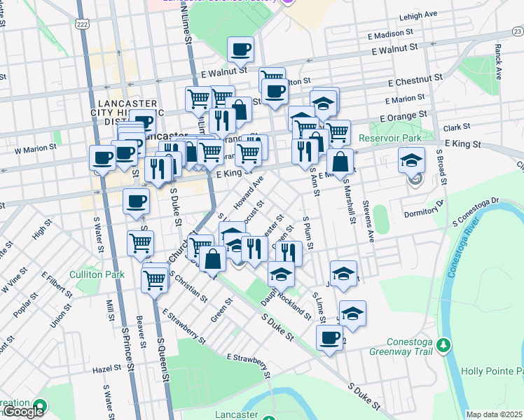map of restaurants, bars, coffee shops, grocery stores, and more near 433 Pershing Avenue in Lancaster