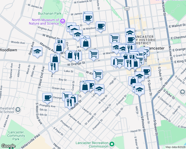 map of restaurants, bars, coffee shops, grocery stores, and more near 33 Old Dorwart Street in Lancaster