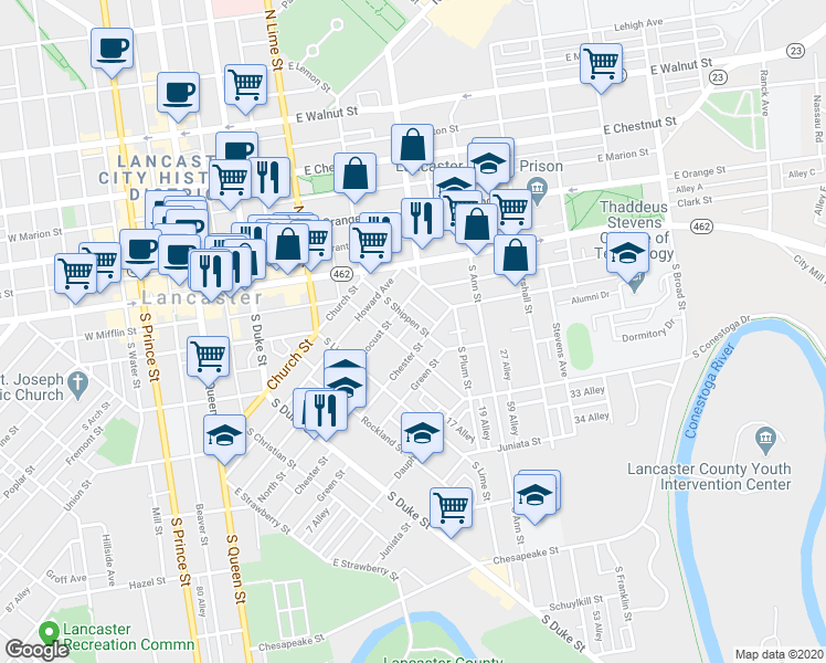 map of restaurants, bars, coffee shops, grocery stores, and more near 444 South Shippen Street in Lancaster