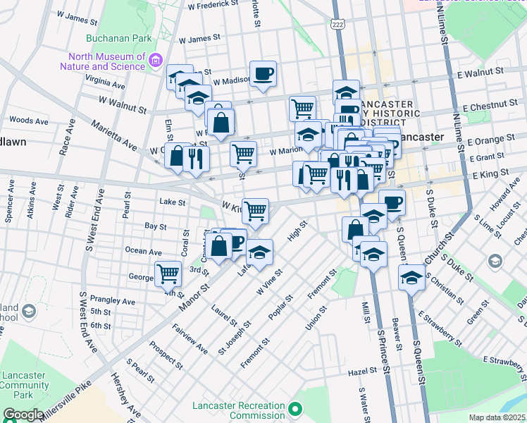 map of restaurants, bars, coffee shops, grocery stores, and more near 426 West King Street in Lancaster