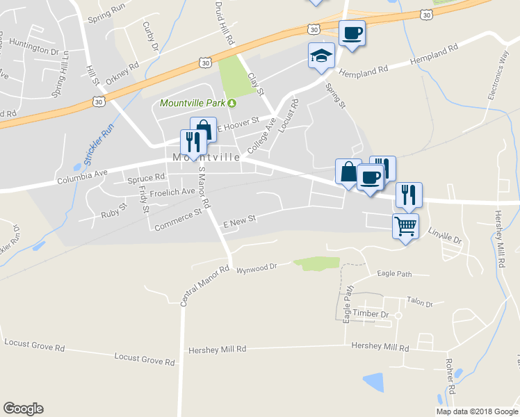 map of restaurants, bars, coffee shops, grocery stores, and more near 109 East New Street in Mountville