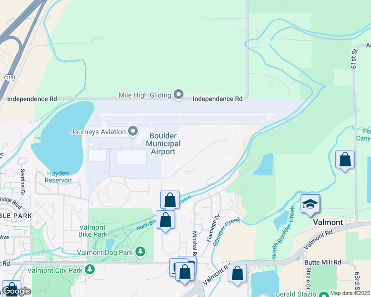 map of restaurants, bars, coffee shops, grocery stores, and more near 5513 Airport Boulevard in Boulder