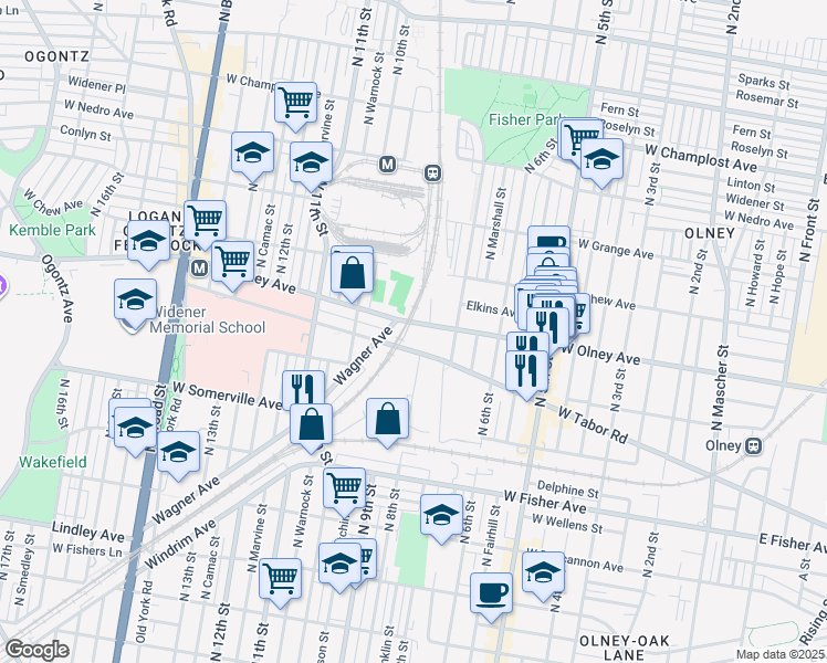 map of restaurants, bars, coffee shops, grocery stores, and more near 800 West Olney Avenue in Philadelphia