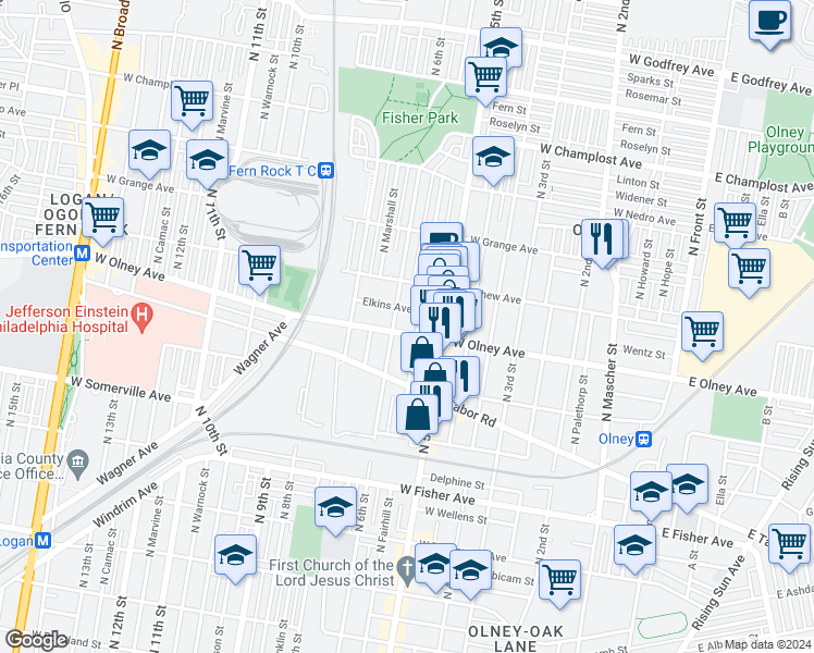 map of restaurants, bars, coffee shops, grocery stores, and more near 537 West Olney Avenue in Philadelphia