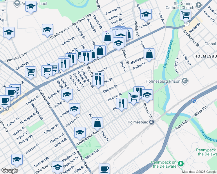 map of restaurants, bars, coffee shops, grocery stores, and more near 7754 Cottage Street in Philadelphia