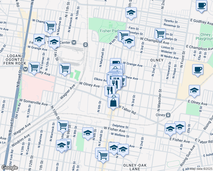map of restaurants, bars, coffee shops, grocery stores, and more near 537 West Olney Avenue in Philadelphia