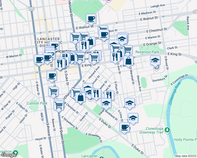 map of restaurants, bars, coffee shops, grocery stores, and more near 433 Pershing Avenue in Lancaster