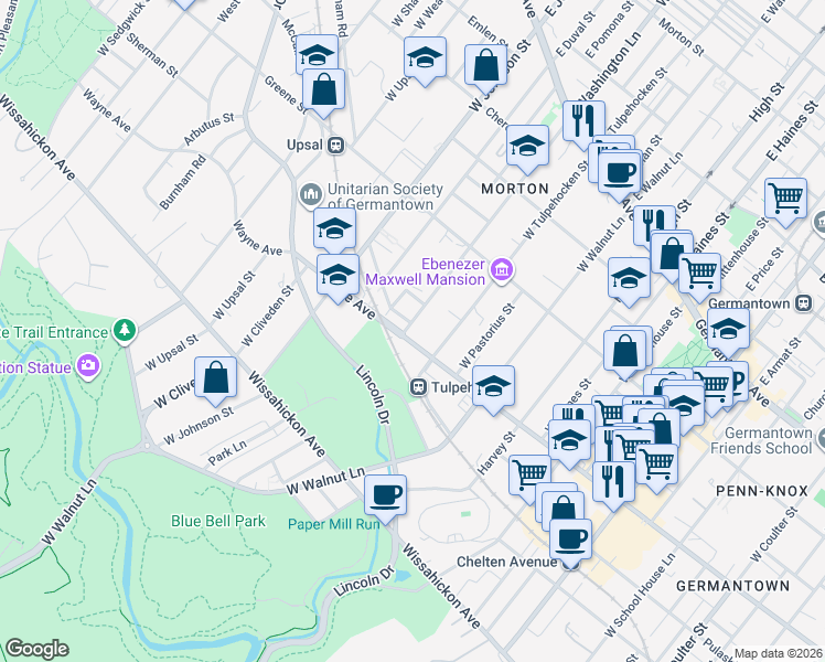 map of restaurants, bars, coffee shops, grocery stores, and more near 6222 Wayne Avenue in Philadelphia