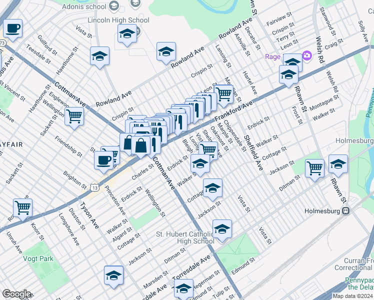 map of restaurants, bars, coffee shops, grocery stores, and more near 4032 Bleigh Avenue in Philadelphia