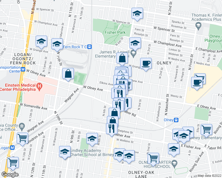 map of restaurants, bars, coffee shops, grocery stores, and more near 539 West Olney Avenue in Philadelphia