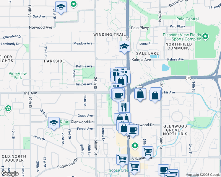 map of restaurants, bars, coffee shops, grocery stores, and more near 2632 Iris Avenue in Boulder