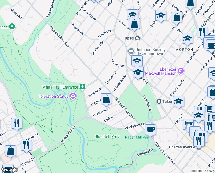 map of restaurants, bars, coffee shops, grocery stores, and more near 6445 Wissahickon Ave in Philadelphia