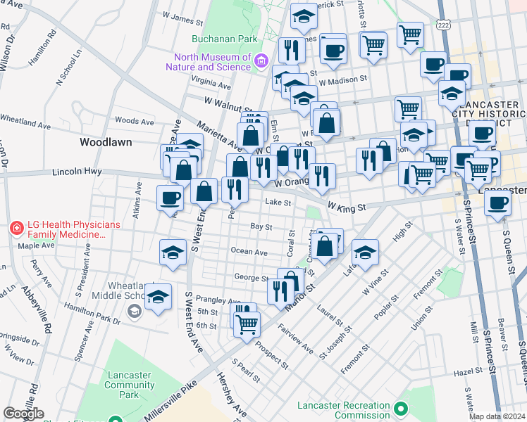 map of restaurants, bars, coffee shops, grocery stores, and more near 657 1st Street in Lancaster