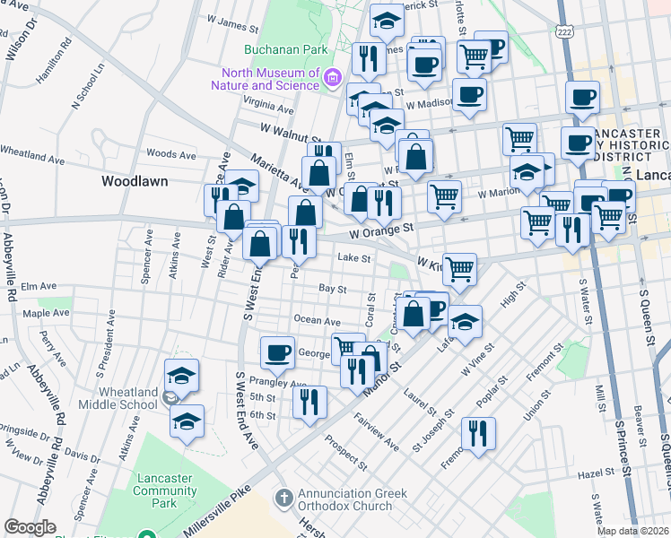 map of restaurants, bars, coffee shops, grocery stores, and more near 107 Ruby Street in Lancaster