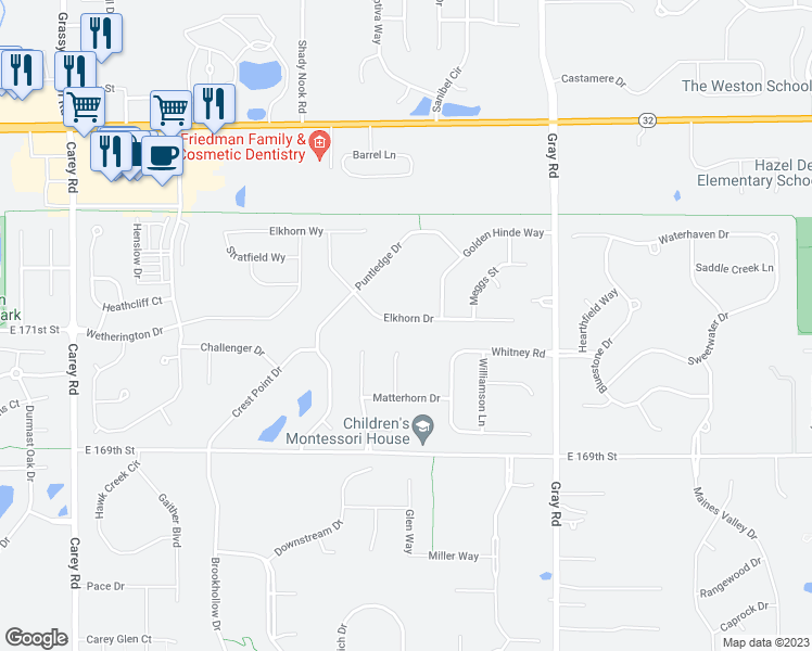 map of restaurants, bars, coffee shops, grocery stores, and more near 4367 Elkhorn Drive in Noblesville