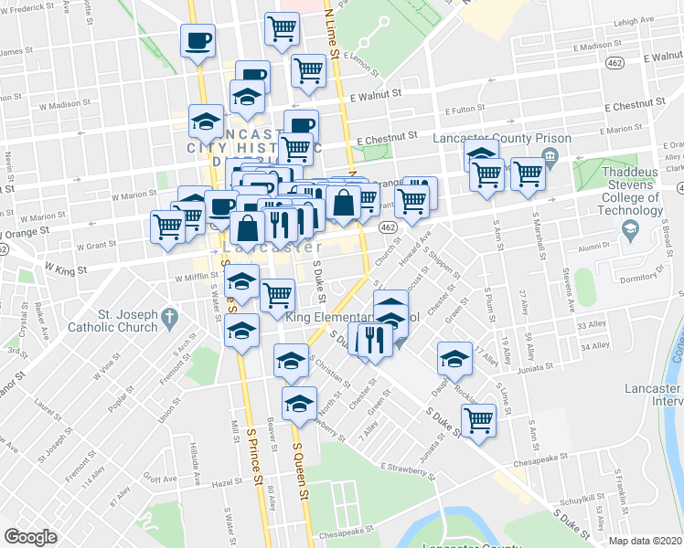 map of restaurants, bars, coffee shops, grocery stores, and more near 129 East Vine Street in Lancaster